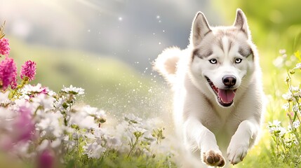 Obraz premium Energetic Husky Dog Running Through Colorful Wildflowers in Sunlit Green Meadow