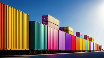 Brightly colored shipping containers stacked on trailers, set against a clear, sunny sky.