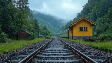 Fototapeta premium Misty Mountain Railroad: A Serene Journey Through Verdant Valley