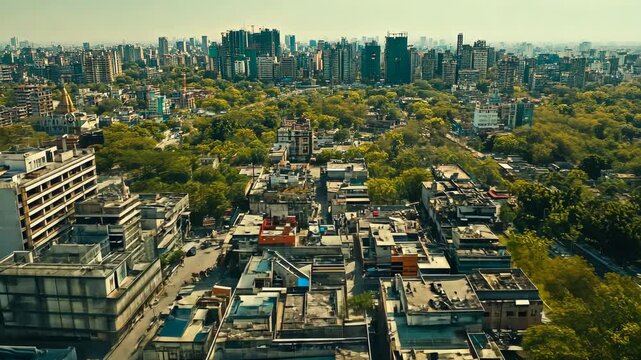 Aerial View of Dhaka Cityscape with Dense Buildings and Green Spaces