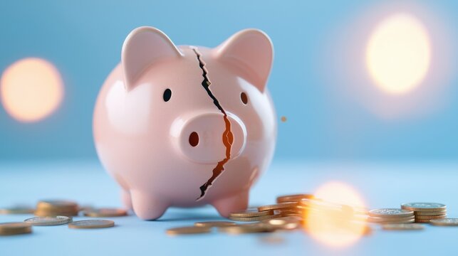 A cracked piggy bank sits on a surface, surrounded by scattered coins, symbolizing financial struggles and savings depletion.
