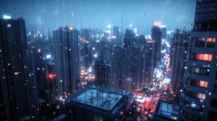 Fototapeta premium Night Cityscape Viewed Through Rainy Window