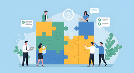 Business Teamwork concept. Contemporary flat style abstract vector illustration of a company of diverse people putting together a huge puzzle details