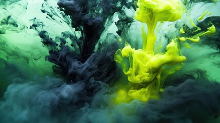 Fluorescent green and deep black ink dynamically mixing in water, creating high-contrast swirling patterns and dramatic fluid motion