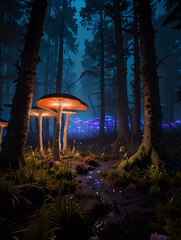 A vast glowing mushroom forest at night, where the fungi emit bioluminescent blues and purples. The ground is covered in mist, and small fireflies hover above.
