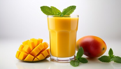 glass filled with a vibrant mango smoothie garnished with fresh mint leaves and colorful mango cubes resting on a clean white background exuding a refreshing tropical vibe