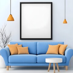 Bright and Cozy Living Room with Blue Sofa and Orange Accents and Minimalist Design Elements