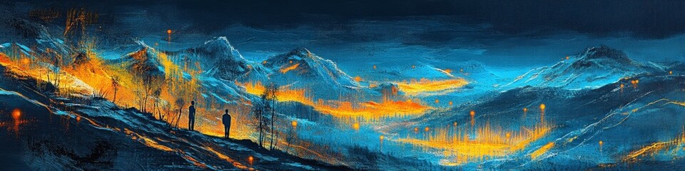A dramatic landscape depicting a fiery scene with mountains in the background, illuminated by glowing embers, while silhouettes of people observe the event from a distance