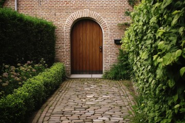 Charming garden pathway leading to a wooden door with brick arch, surrounded by lush greenery in a serene outdoor setting
