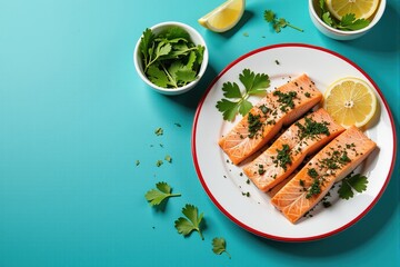 Three cooked salmon fillets with parsley and lemon on a blue background. Perfect for recipe blogs, cookbooks, or food websites.