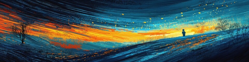 A serene landscape at dusk featuring a lone figure silhouetted against a vibrant sky filled with swirling colors, evoking a sense of tranquility and wonder in nature's beauty