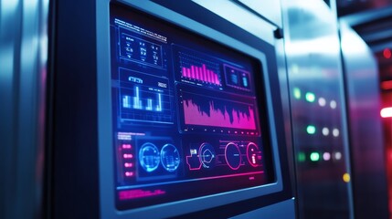 Industrial automation panel with a digital touch screen displaying factory data,