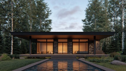 Modern House Surrounded by Lush Trees and Serene Water Feature