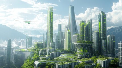 Visionary metropolis of tomorrow intertwined with vibrant green vegetation and blue sky