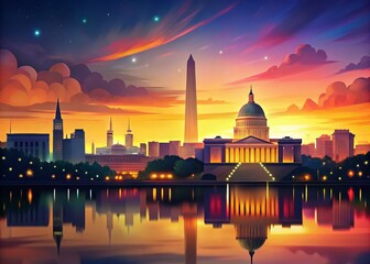 Fototapeta premium Washington DC Skyline at Dusk, Bokeh Lights, Cityscape Illustration