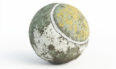 Old, dirty tennis ball isolated on white background
