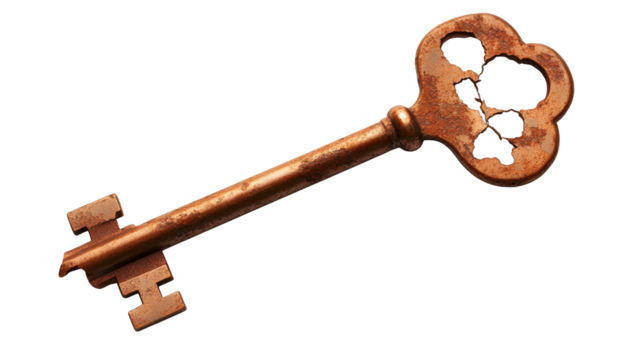 Antique rusty key on black background, a vintage symbol of mystery and security
