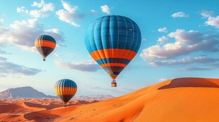 Fototapeta premium Desert Hot Air Balloons Adventure: A breathtaking view of three hot air balloons soaring over the majestic orange dunes under a vibrant blue sky.