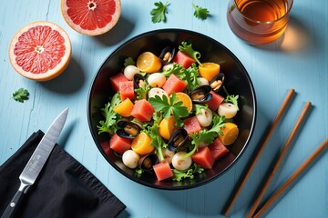 Overhead view of a refreshing fruit and seafood salad with watermelon, mussels, citrus segments, and greens in a black bowl.