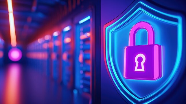 A vibrant digital representation of a secure server environment, highlighted by a glowing padlock symbol, emphasizing cybersecurity and data protection.