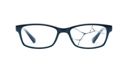 Closeup of broken eyeglasses, shattered lenses and damaged frame broken