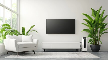 Bright Living Room with Modern Furniture and Lush Green Plants