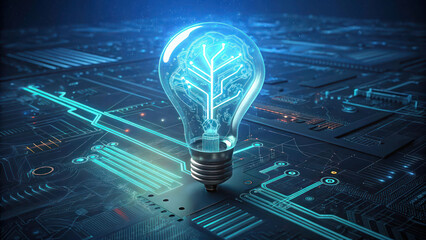 "A digital illustration of a futuristic glowing light bulb, with neon blue circuits forming its filament, set against a high-tech cyber background with abstract data streams."