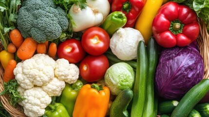 Colorful vegetable harvest basket overflowing, farm market background, healthy food