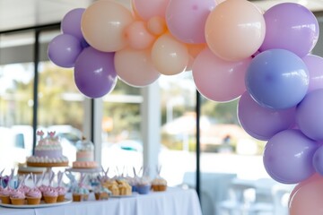 A beautifully arranged table features colorful balloons and delicious pastries set up for a festive event, creating an inviting atmosphere for guests to enjoy.