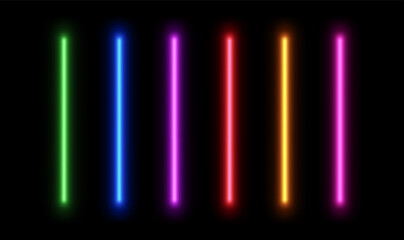 Neon led line light. Glow laser stripe. Electric beam divider. Set of stick lamps for game design isolated on black background.