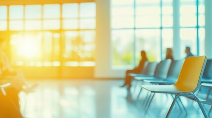 Blurred image of a modern waiting area bathed in sunlight with waiting people.