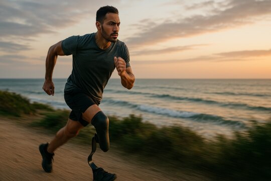 Prosthetic leg jogger runs along coastal path at dawn with determination - Powered by Adobe