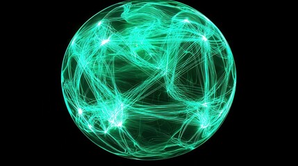 A glowing green sphere with dynamic lines representing interconnectedness and energy against a black background.
