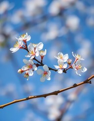 Delicate white blossoms on a slender branch, vibrant blue sky backdrop, wallpaper, flora