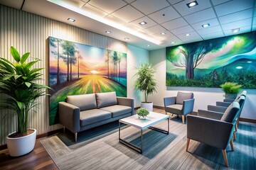 Welcoming Consultant Office Seating Area with Greenery and Art - Long Exposure Photography