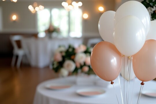 Pastel balloons paired with a stylish table setting create an elegant and joyous ambiance, perfect for special events like weddings, parties, or family gatherings.