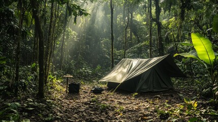 Military trainees learning wilderness survival techniques, building shelters in a dense forest,