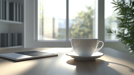 Minimalist modern workspace with stylish laptop, open notebook and white ceramic coffee cup, light oak table, soft natural sunlight streaming through the window, Scandinavian design in neutral tones.