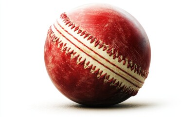 Worn red cricket ball isolated on white background, ready for action