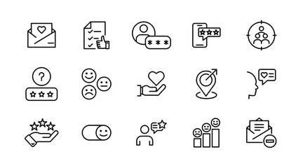 Customer satisfaction, feedback, testimonials line icon set. Survey, customer review, five star, opinion, ratings, response, support, client satisfaction outline icon pack. UI thin outline icon pack