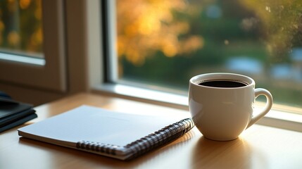 Minimalist modern workspace with stylish laptop, open notebook and white ceramic coffee cup, light oak table, soft natural sunlight streaming through the window, Scandinavian design in neutral tones.