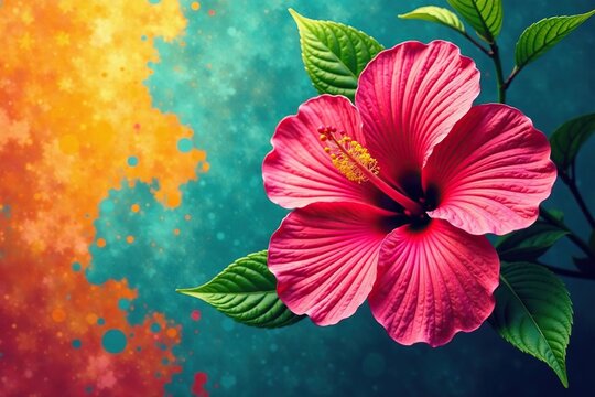 Bold, graphic hibiscus print, vibrant color scheme, pattern, illustration