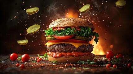 Delicious Gourmet Burger with Fresh Vegetables and Spices