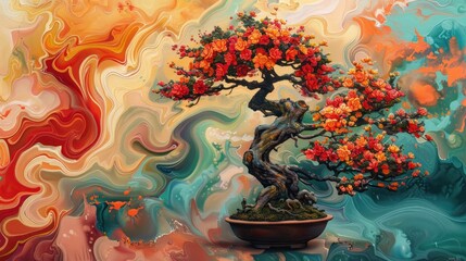 Vibrant Bonsai Tree Against Abstract Background
