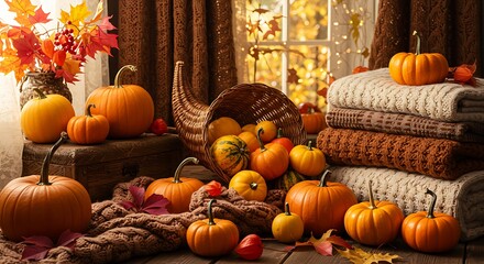 Autumn Still Life: Pumpkins, Cornucopia, and Knit Blankets AI Generated