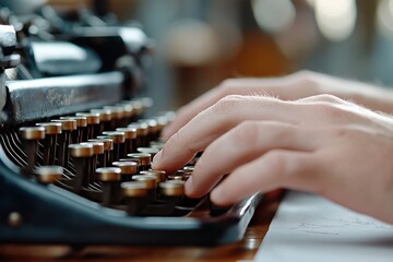 A close-up of hands typing on a vintage typewriter, evoking nostalgia and the artistry of writing in a world dominated by modern technology and fast-paced communication.