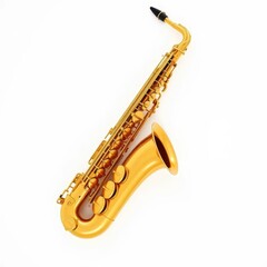 Gleaming gold saxophone, pristine white backdrop, rhythm, isolated, design