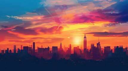Vibrant sunset mural with city skyline silhouette. 