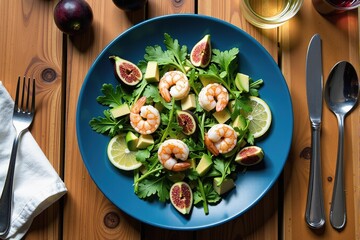 Overhead shot of a vibrant shrimp salad with avocado, figs and lemon on a teal plate.  Perfect for healthy eating content.