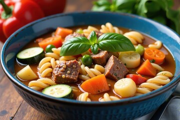 Closeup of a hearty beef and vegetable soup with pasta in a rustic blue bowl.